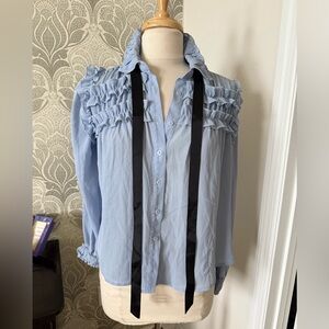 Chic Light Blue Ruffled Blouse with Black Ties